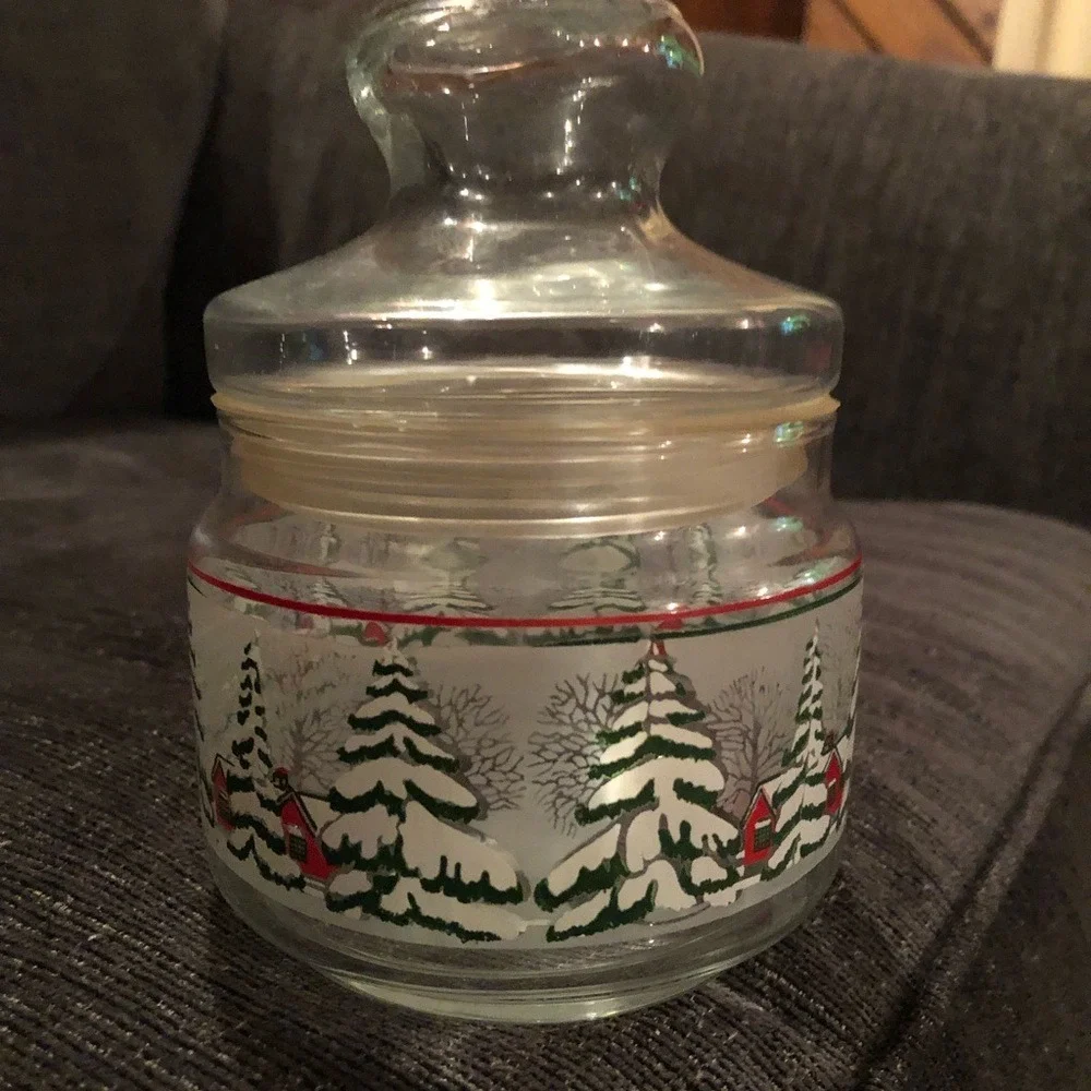 Vintage Christmas Glass Apothecary Jar Winter Village Snow Tree‎ Candy Canister